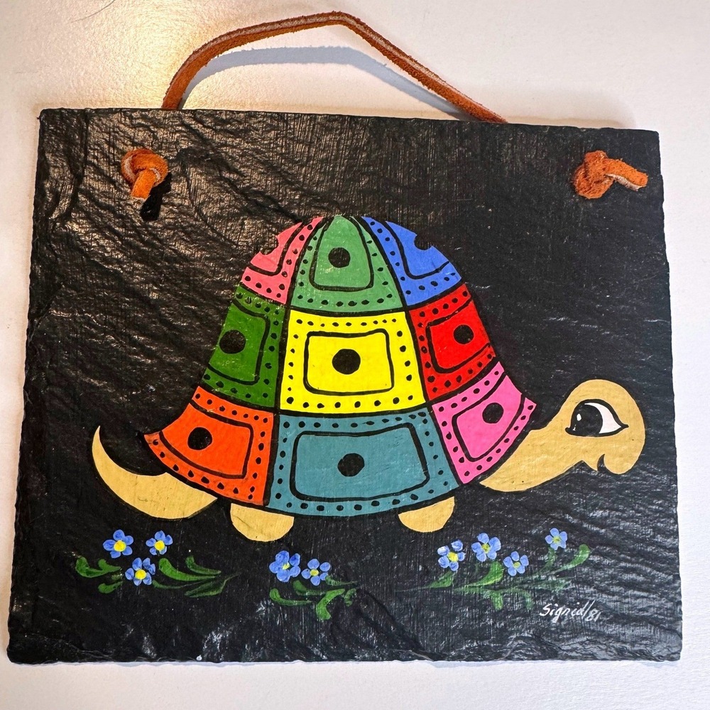 VTG Hand Painted Turtle Slate Plaque Sigrid Schmidt 1981 Folk Art Wall Hanging